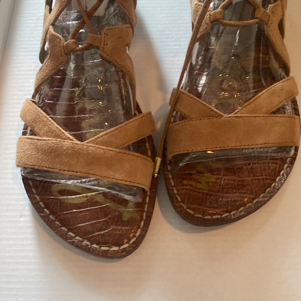 Tan, sued, lace up to calf sandal!  Very Stylish. - Picture 5 of 9